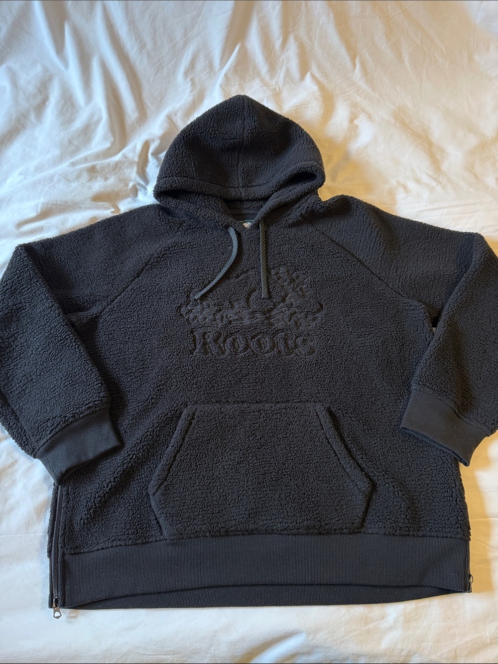 Roots Men's Black Sherpa Alta Fleece Pullover Hoodie with Embroidered Logo